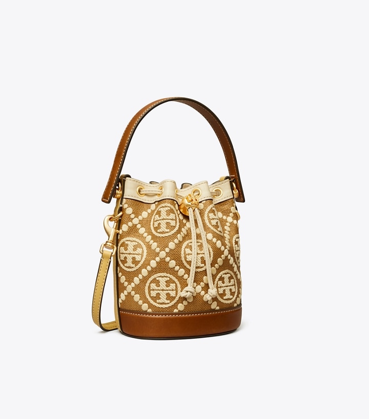 Gold Women\'s Tory Burch T Monogram Embroidered Raffia Mini Bucket Bags | 61489CMJR