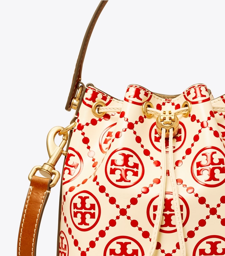 Red White Women's Tory Burch T Monogram Embossed Bucket Bags | 52698AVUL