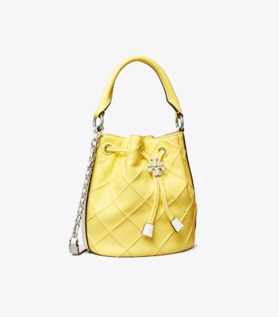 Lemon White Women's Tory Burch Small Fleming Soft Patent Border Bucket Bags | 96754FQTI