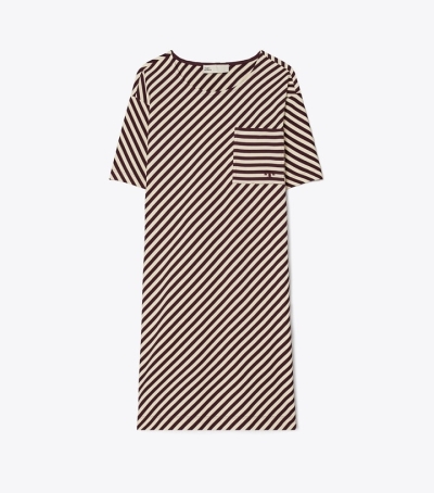 Purple / Cream Women's Tory Burch Pocket Stripe T-shirt Dress | 92580ASTN