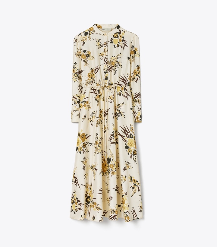 Cream Multicolor Women\'s Tory Burch Printed Silk Shirt Dress | 95763MGZS
