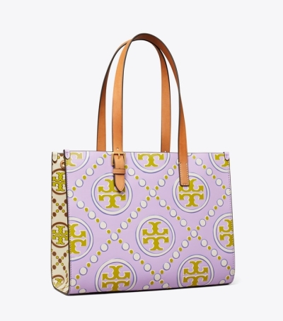 Lavender White Women's Tory Burch Small T Monogram Contrast Embossed Tote Bags | 21435JRET